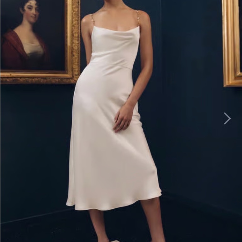 Jenny Yoo Ivory Satin Midi Slip Dress with Chain Straps
